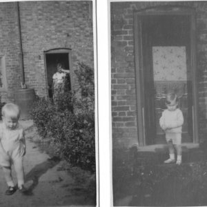 Tony Leak 
Photograph taken outside of the original cottages adjacent to Clyde House.
The lefthand picture shows Tony "leaving home" - late 1930s