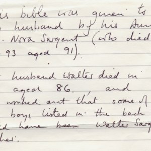 Hand written note re Bible