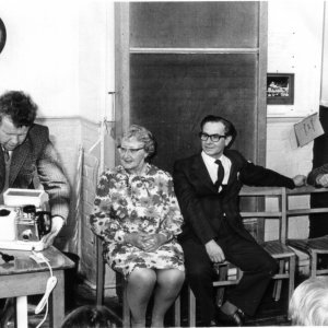 Marion Lyons retirement.
The man on the right is Jim Smith who ran the Post Office in Church Lane for many years and far right is Bill Maddison.