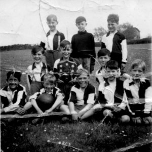 Marshchapel Football team c. 1950.
The winners.
Back row: Alan Wright, Graham Atkinkson, Clive Darke.
Middle row: David Scrimshaw, Brian Riggall, Eddie Lingard.
Front row: John Stones, David Wray, Bill Wilson, Steven Alexander, Stephen Wray.