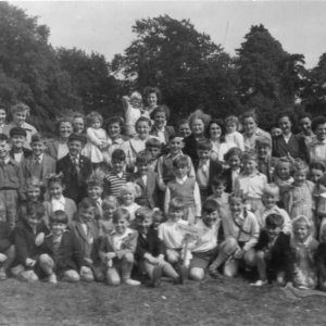 Marshchapel School Sports Day.
Philip Leak is in the middle of the front row holding the Marshchapel sign.
C. mid 1950s