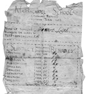 Len Leaks School Report from Christmas Term 1933.
He came 1st in the class.
The report has been signed by Percy Lyons the then Headmaster of Marshchapel School.
