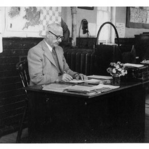 Percy Lyons, Headmaster, at his desk in Marshchapel School. Date of photograph unknown but it must have been before 1952 when he retired.