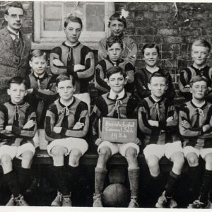 Marshchapel School Football Team 1924.
Back row: Percy Lyons - Headmaster, Unknown, Alf Fenner
Next row: Horace Riggall, Charlie Atkinson, Horace Whitehead, George Wray
Front row: Steel- first name unknown, William Ireland, "Nobby" Clover, Fred Todds, Ron Ireland.