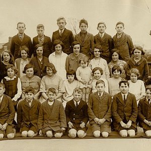 Marshchapel School photograph c. 1926.
Back row: ?Roughton, Frank Armstrong, Doug Wray, ?, George Hockney, George Clark.
Second row: Percy Lyons, Micky(?) Sylvester, Kath Evison, Winnie Patrick, Olivia Lovatt, Beat Cornhill, Eyelyn Neal,Ivy Rushby, Ida Bonner
Third row: Dolly Atkinson, Annie Kirton, Daisy Dawson, Muriel Read, Jean Lyons, Grace Sealey, Minnie Todds, Phyllis Wright, ?.
Front row: Gordon Wray, ?, Frank West, George Ireland, ?,?, Cyril West