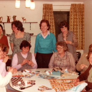 WI, evening classes 1979 / 80 - Patchwork class run by Mrs Rosemary Broadhurst and Mrs Midge Jackson.
Seated - L to R; Mrs Leak, Wendy Todd, Marie Ireland, Joyce Clark, Unknown, Mirrie Leak.
Standing - L to R; Midge Jackson, Rosemary Broadhurst, Sylvia Smart and Daphne Knight.