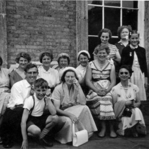 Marshchapel WI Outing.
Back Row - L to R; May Richardson, Beryl Ireland, Mrs Johnson, Mrs Hiscock, Mrs Appleby, Mrs Ralph Riggall, Mrs Evison, Josephine Riggall.
Front Row - L to R; Raymond Parker with Wilfred Deamer in front of him, Millie Deamer, Riet Parker and Kath Grantham.