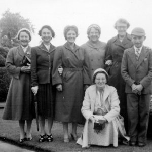 Marshchapel WI Outing - Late 1950s.
Left to Right; Mrs Appleby, Kath Grantham, Mrs Johnson, Mrs Hiscock, May Richardson, Wilfred Deamer and Millie Deamer in front.