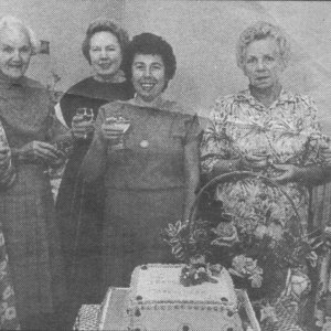 20th. July 1990 - Celebrating 40 years of the Marshchapel WI.
This photograph is of former and current presidents.
L to R; Edna Sheffield, Beattie Wilson, Sylvia Smart, Barbara Pinder, Margaret Burgess, Doreen Cheeses.