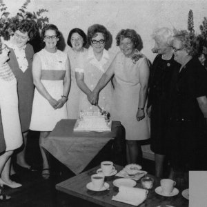 This photograph taken in 1970, is probably the Marshchapel WIs 20th. Birthday Party.
L to R; Beatrice Wilson, Unknown, Beryl Biglin, Unknown, Midge Jackson, Mrs Mossop, Kathleen Williams, Mrs Mudd, Unknown.