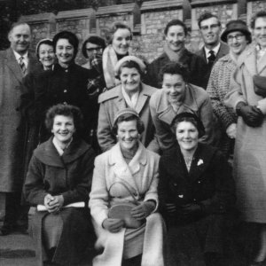 Marshchapel WI, outing - 1958.
Back Row - L to R; Mr Gunning, Mrs Appleby, Kath Grantham, May Richardson, Beatrice Wilson, Rose Campbell, Raymond Parker, Mrs Lovett, Riet Parker.
Middle Row - L to R; Unknown, Joyce Duncan.
Front Row - L to R; Beryl Ireland, Ena Todd, Doris Johnson.