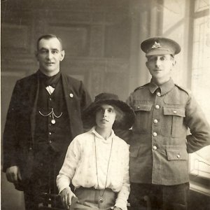 Alf Wright is on the right hand side with his brother on the left (name unknown).
His wife Beatrice is seated.
This photograph would have been taken some time
during the first world war where Alf served in France.