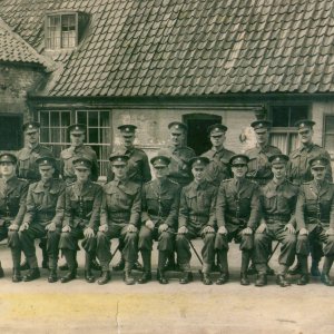No photograph of the Coldstream Guards at Marshchapel has come to light.
This group of officers and senior NCOs was taken in the yard of The Talbot Inn after they pulled back to Caistor.