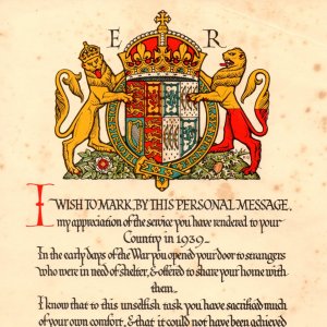 A certificate sent to Kath Grantham in recognition of taking in evacuees during WW2.