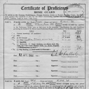 Certificate of Proficiency awarded to Walt Kirk - Home Guard - 22 April 1944
For many years Walt Kirk was the village baker, working in the bakery attached to Sowbys shop, Hallgarth, Marshchapel.