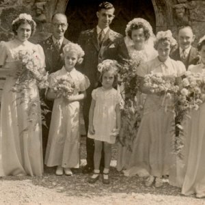 The wedding of Christine Nicholson and Albert Chapman, at St. Marys Church, Marshchapel - 1947.
The bridesmaid on the left is Maureen Leesing, and the one on the far right is Sybil Nicholson "sister of the bride".