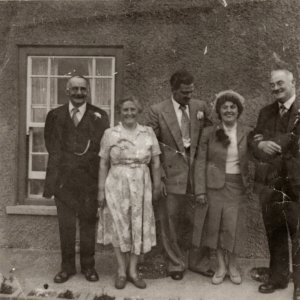 The wedding of Harold Dowlman and Connie Flatters - Circa; 1950s.
L to R; William Clover Snr, Beatrice Clover "Williams sister", Harold Dowlman "brother of Cliff and Alec", 
Connie Flatters "daughter of Beatrice" and Mr Dowlman. This photograph was taken at the Mill in Marshchapel.