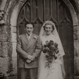 The wedding of Dennis Quirke and Joyce Clover, at St. Marys Church, Marshchapel - 6th. April 1953