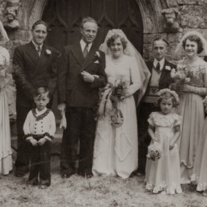 The wedding of Jean Webster and Mr Bodhen, "uncertainty of the grooms name", at St. Marys Church, Marshchapel - 1951.
Back Row - L to R; Joyce Clover "bridesmaid", Albert Webster, but apart from the Bride and Groom, all the other people are unknown.