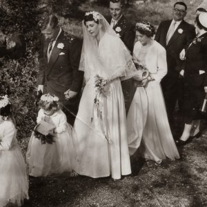 The wedding of Raymond Jacklin and Desiree Clover, at St. Marys Church, Marshchapel - 28th. March 1957.
L to R; Small bridesmaids - Beverley Ireland and Malvyne Quirke, Bride and Groom, Trevor Wilkinson and Jean Lovatt, Bill Clover, Mrs Jacklin.