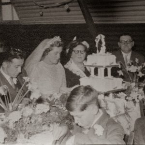 The wedding of Dennis Quirke and Joyce Clover - March / April 1953.
L to R; Harold Quirke, Dennis "Groom", Joyce "Bride", Dorothy and Bill Clover "Brides parents", Betty Clover "Brides sister who was Bridesmaid".
In the front are the Brides brothers, Trevor and Bryan. The photograph was taken inside the old Village Hall, which was a converted Nissan Hut.