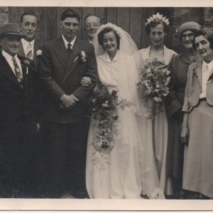 Left to right: Charlie Beales (Brides father), Cyril Osbourne, John Beales (Groom),William Osbourne, Joan Osbourne (Bride),
(?), Gladys Osbourne (Brides mother), Mrs Beales (Grooms mother).
The wedding took place at Marshchapel Chapel.