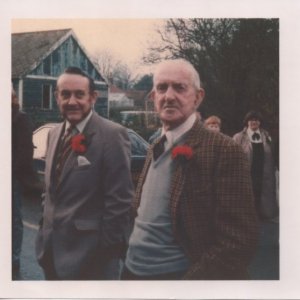 Norman and Alf Parker(on the right) attending a wedding at the Methodist Chapel on the corner of Sea Dyke Way and Littlefield Lane, Marshchapel.
In the background can be seen the blue wooden bungalow in Littlefield Lane (before the turning to Hallgarth) which was demolished to build a house.