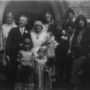 Wedding of Edith Atkinson to Len Berkshire, held at St. Marys Church, Marshchapel in 1935.
The two bridesmaids at the back are Ediths sisters, Elsie on the left and Phyllis on the right.