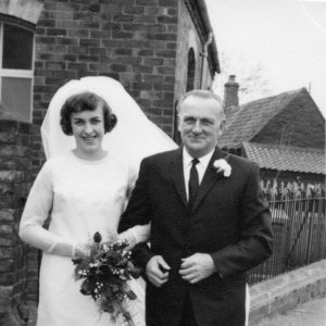 Wedding day of Janet Wray, with her father George, at the Wesleyan Chapel, Littlefield Lane, Marshchapel - March 1968