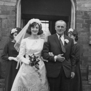 The wedding of Sandra Wray, at the Wesleyan Chapel in Marshchapel - 5th. March 1966.
She is on the arm of her father George and the bridesmaid on the right is her sister Janet.