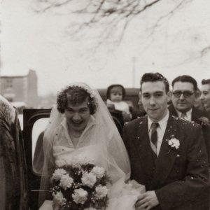 Pam Whitehaed and her husband Ray, who were married at Marshchapel.
On the right, in the background can be seen Bill Clover.