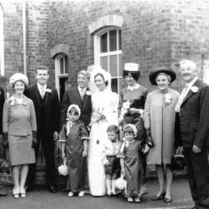 The wedding of David Wray and Anne Wilson at the Wesleyan Chapel, Marshchapel - 10th. May 1969.
L to R; Doug and Ruby Wray "grooms parents", bestman unknown, David Wray, Anne Wilson, Susan Wilson, Beatrice and Albert Wilson "brides parents".