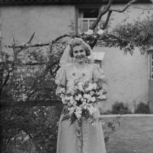 Dorothy Doll Wray, nee Atkinson, when she acted as the Maid of Honour, at the wedding of William Houlden and Eleanor Evison.
Photograph thought to have been taken in the garden of a house in Church Lane - 24th. August 1943